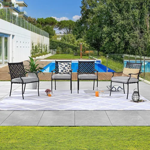 Miniatura 8 de LOKATSE HOME Juego de 4 sillas apilables para exteriores, sillas de comedor de hierro forjado con cojines y reposabrazos, juego de muebles de metal