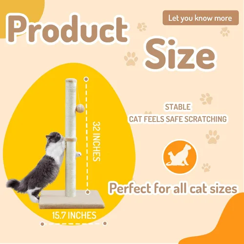 Miniatura 5 de MeowHomm Postes rascadores para gatos de interior y adultos de 32 pulgadas de alto con 2 bolas colgantes, rascador grande para gatos, incluye cuerda