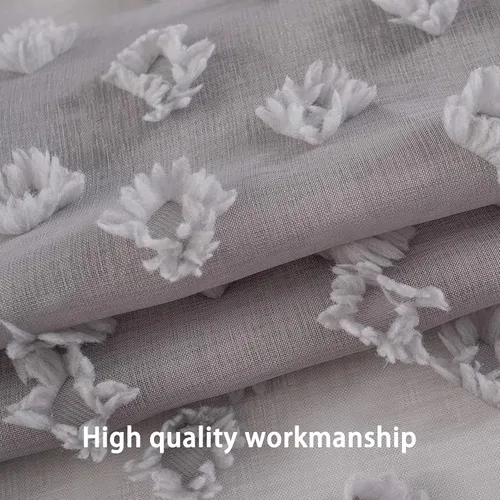 Miniatura 5 de DriftAway Olivia - Cortinas transparentes de gasa gris de vellón bordado para ventana con pompones, 2 paneles con pliegue para barra de 52 pulgadas
