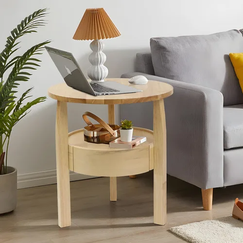 Miniatura 7 de Mesa auxiliar redonda con almacenamiento y cajón oculto, mesa auxiliar de madera natural de 20 pulgadas de profundidad x 20 pulgadas de alto