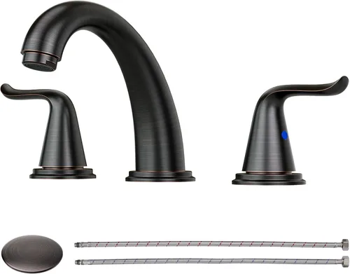 Miniatura 13 de WOWOW Grifo de baño de latón sólido de 2 asas con 3 agujeros, grifo de lavabo de acero inoxidable para tocador, grifo de lavabo de baño de níquel