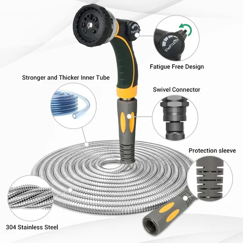 Miniatura 2 de TheFitLife Manguera de jardín de metal flexible, manguera de agua ligera de acero inoxidable de 25 pies con accesorios sólidos y boquilla rociadora