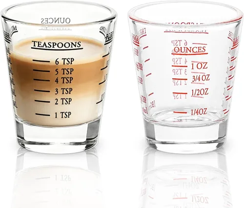 BCnmviku -Vasos corto, taza medidora, taza de espresso, Líquido, vidrio pesado, vaso de vino 2 juegos de 26, para medición gradual 1 onza, 6 Negro y