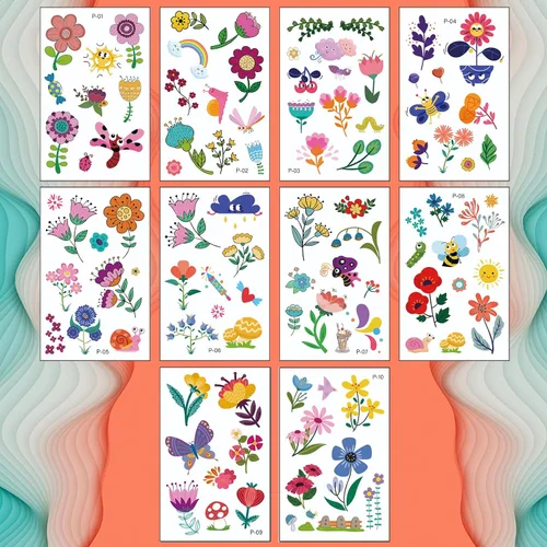 Miniatura 5 de Tatuajes temporales de flores para niños y niñas, 10 hojas falsas, impermeables, lindas calcomanías de tatuaje pequeñas para niños, regalos