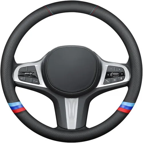 Miniatura 6 de Funda de cuero de napa para volante de automóvil, cómoda, antideslizante, estilo deportivo. Para fundas de volante de automóvil BMW, color negro