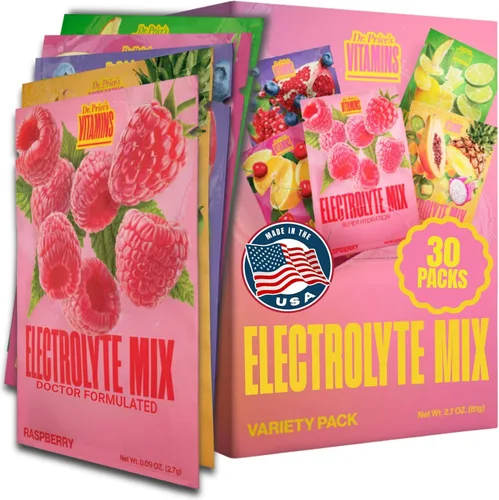 Miniatura 20 de Dr. Price's Vitamins, Mezcla de electrolitos: Fórmula de súperhidratación + oligoelementos, Sabor a frambuesa (Paquete de 30 polvos), Mezcla