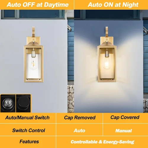 Miniatura 2 de Lámpara de pared grande de 19 pulgadas para exteriores del anochecer al amanecer, luz de porche dorada, linterna de pared para exteriores, lámpara