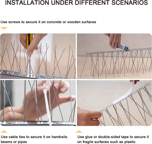 Miniatura 6 de OFFO - Púas de control de aves con base de acero inoxidable, kit de púas de paloma en forma de flecha resistentes para mantener alejadas a las aves