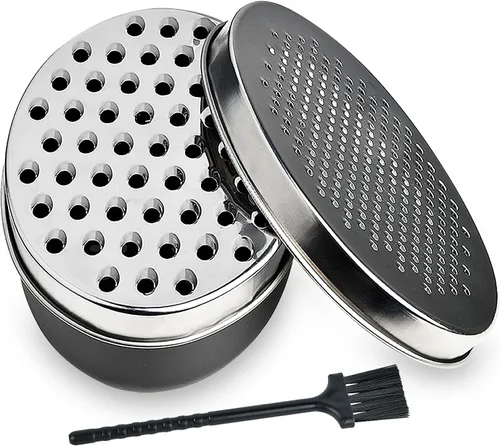 Rallador de queso redondo compacto negro con recipiente de almacenamiento de alimentos y molinillo de tapa para parmesano duro, jengibre, verduras,