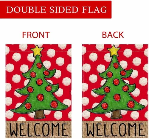 Miniatura 7 de PANDICORN Bandera de Jardín Feliz Navidad 12x18 Pulgadas Doble Cara, Bienvenida Árbol de Navidad Lunares Rojo Invierno Vacaciones Patio Arpillera