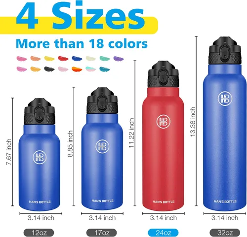 Miniatura 2 de Han's Bottle Botella de agua deportiva de 24 onzas, tapa con pajilla, a prueba de fugas, acero inoxidable aislado al vacío, doble pared, taza Rojo