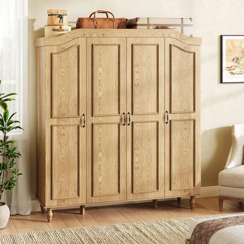 Miniatura 6 de Armario Ropero Arqueado con 4 Puertas, Gabinete Ropero de Madera de Gran Capacidad de 71" de Alto con 2 Barras para Colgar y 8 Estantes, Gabinete