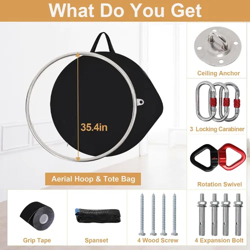 Miniatura 4 de KROFEM Aerial Lyra Hoop Kit (85CM/90CM), Professional Yoga Starter Set with Rigging Hardware Kit for Home, Exercise, Performance, 32mm Thickness