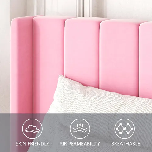Miniatura 4 de Gruwans Marcos de Cama Tamaño Doble con Cabecera con Respaldo de Ala, Marco de Cama Plataforma de Fácil Montaje, Soporte de Listones de Madera Rosado