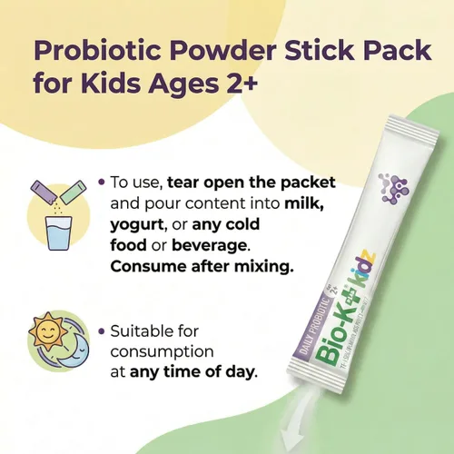Miniatura 7 de Bio-K+ Kidz - Polvo probiótico para niños con vitamina D3, estable en el estante, sin OMG, sin gluten, 28 paquetes de una sola porción