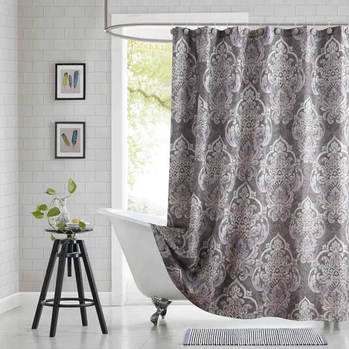 Miniatura 22 de Cortina de ducha larga de tela, cortinas de ducha de damasco bohemio con estampado de paisley en vino burdeos y oro amarillo, cortinas impermeables