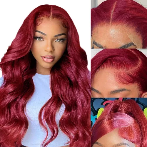 Miniatura 11 de MUPRETTY Pelucas de cabello humano con encaje frontal color burdeos, densidad del 180 %, peluca de encaje frontal de 13 x 4 pulgadas, con cabello