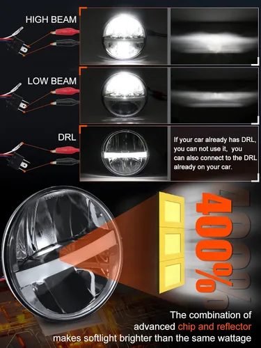 Miniatura 4 de UNI-SHINE Faro LED redondo de 5 3/4'' 5.75 pulgadas, 4 piezas, reflector de haz alto/bajo con DRL, haz sellado H5001 H5006 compatible con Peterbilt