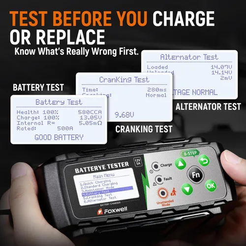 Miniatura 3 de FOXWELL BC521: cargador de batería de coche de 12 V con probador, mantenedor de batería inteligente 4 en 1 5A, prueba de estado de la batería