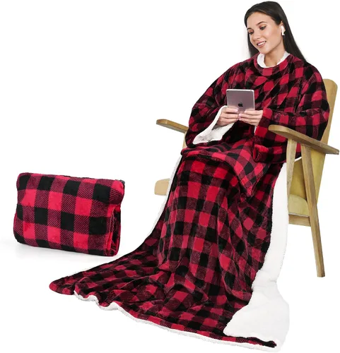 Miniatura 11 de Catalonia Classic Manta de forro polar Sherpa con mangas, súper suave, cálida y acogedora, manta portátil de viaje, regalo para mujeres, hombres