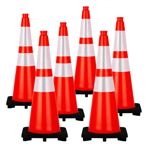 Conos de tráfico de 28 pulgadas, 6 conos de seguridad, conos de seguridad de PVC naranja para estacionamiento en carretera con 2 collares