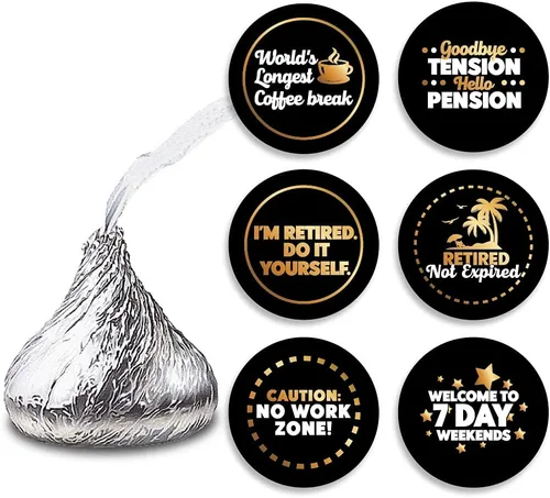 FujLoy Adhesivo de feliz jubilación de oro negro, 5 hojas de 270-6 diseños autoadhesivos, etiquetas adhesivas circulares, recuerdos de fiesta de