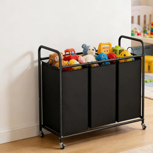 Miniatura 6 de LINZINAR Cesta de lavandería de 3 bolsas para organizar la lavandería, con ruedas enrollables y bolsas extraíbles (negro)
