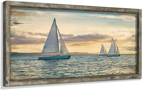 Miniatura 10 de Pintura enmarcada de playa para decoración de pared: arte abstracto de la pared del océano, pintura al óleo costera, gaviotas, imagen impresa