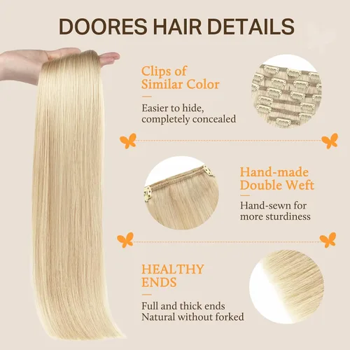 Miniatura 3 de DOORES Clip in Human Hair Extensions, Soft Golden Blonde Subtle Highlights 16 Inch 7pcs 120g, Remy Clip in Hair Extensions Thick Straight
