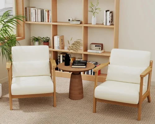 Miniatura 9 de Moderno juego de silla decorativa y otomana, sillón tapizado de piel sintética de mediados de siglo con marco de madera maciza y cómodo cojín