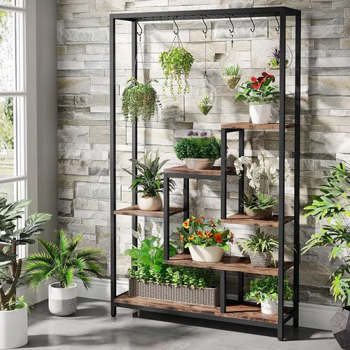 Miniatura 4 de LITTLE TREE Soporte alto para plantas de interior de 5 niveles, estante de metal grande de 70.9 pulgadas para macetas de bonsái, estante de Marrón