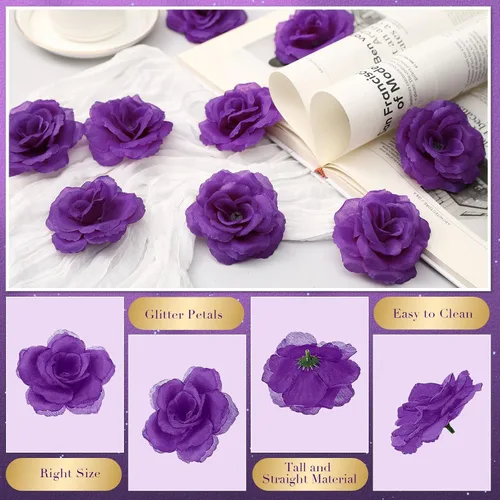 Miniatura 3 de 200 flores artificiales de seda falsa de 3 pulgadas con tallo de esmeralda, rosa sintética y tallo de 6 pulgadas para boda, ramo de novia, Morado