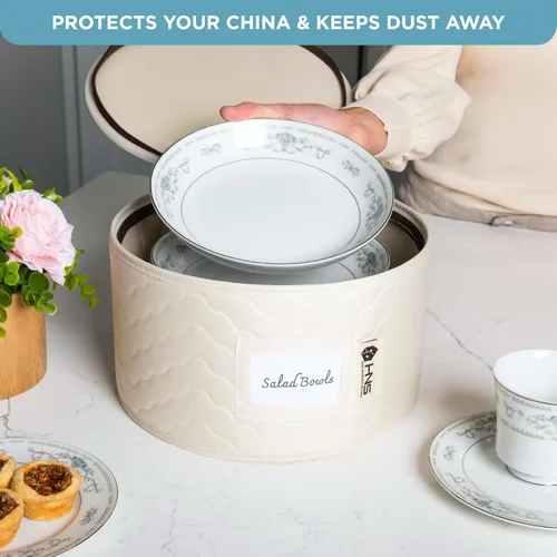 Miniatura 4 de Juego de 8 cajas de almacenamiento de China para vajilla, vasos, platos, tazas y platillos, organizador de platos resistente con divisores para Beige