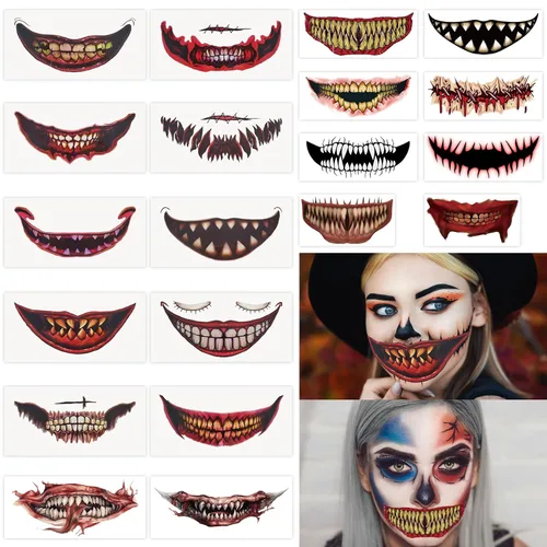 20 piezas de tatuaje temporal de boca grande aterradora, calcomanías realistas de Halloween 2026, varios tamaños de payaso para adultos, accesorios