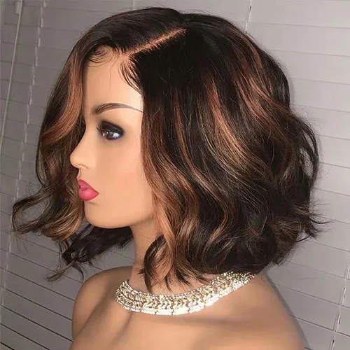Miniatura 19 de #1B/4/27 - Pelucas de cabello humano corto ondulado en capas con reflejos degradados 13x4 HD transparente con encaje frontal, pelucas de cabello