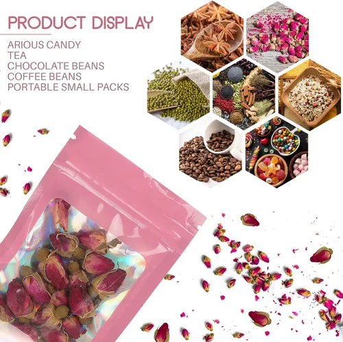 Miniatura 32 de 120 bolsas de tereftalato de polietileno a prueba de olores, bolsa de embalaje holográfica resellable con ventana transparente para alimentos