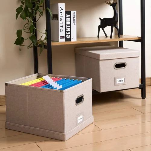 Miniatura 3 de PRANDOM Caja Organizadora de Archivos - Juego de 2 Cajas Plegables Decorativas de Lino para Almacenamiento de Archivos Colgantes con Tapas para Gris