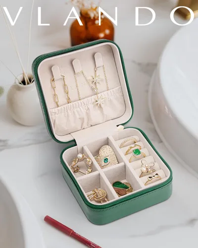 Miniatura 28 de Vlando Regalos de boda – Organizador de viaje de joyería pequeña de piel sintética, estuche de viaje para anillo, mini joyero para aretes, collar