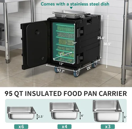 Miniatura 7 de YITAHOME Portaenvases de alimentos aislados, caja térmica LLDPE de 95 Qt para catering con sartén de acero inoxidable, calentador de alimentos