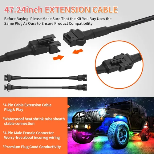 Miniatura 6 de 4 cables de extensión de luces LED RGB de 47 pulgadas/3.93 pies, cable de cable de 4 pines, conector a presión, luces subterráneas, multicolor