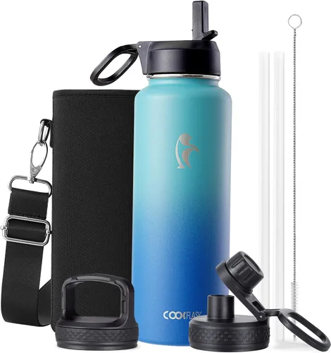 Miniatura 121 de Coolflask Botella de agua de 20 onzas aislada con pajilla, 3 tapas de metal de acero inoxidable, botella de agua de boca ancha para deportes u