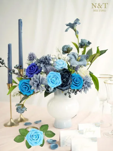 Miniatura 2 de N&T NIETING Rosas Azules Flores Artificiales, 50pcs Flores Falsas Rosa Perfectas para Manualidades Boda Dama de Honor Ramos Nupciales Centros