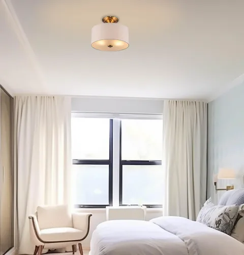 Miniatura 6 de Kira Home Addison - Lámpara de techo de 13 pulgadas con pantalla de tambor de tela blanca rota, 2 luces de techo, acabado de latón frío