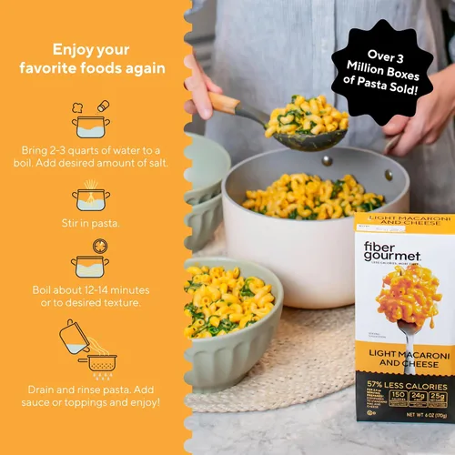 Miniatura 4 de Fiber Gourmet - Pasta de Macarrones y queso, rica en fibra, baja en calorías, pasta instantánea saludable y cremosa, con certificación Vegana y 6