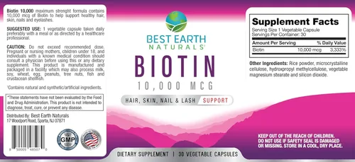 Miniatura 3 de Best Earth Naturals Biotin 10,000mcg - Suplemento vitamínico de biotina extra fuerte para apoyar el crecimiento del cabello, uñas fuertes, pestañas