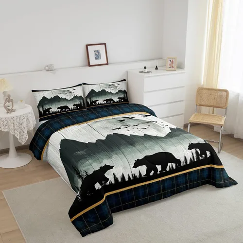 Miniatura 5 de Juego de edredón de oso rústico tamaño individual para mujeres adultas, ropa de cama con estampado de oso salvaje y animales salvajes, relleno