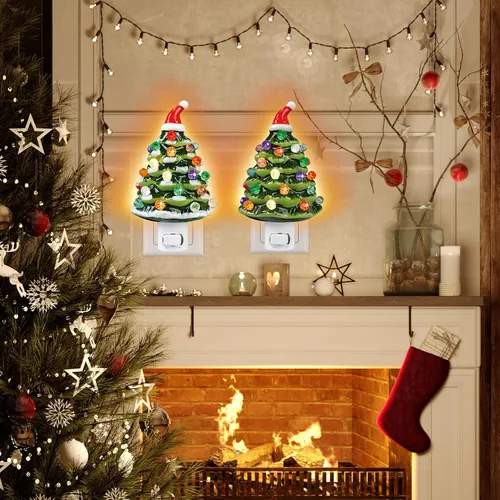 Miniatura 8 de Luz nocturna de cerámica para árbol de Navidad, paquete de 2 luces nocturnas de Navidad con enchufe de 6.3 pulgadas, árboles de Navidad de cerámica