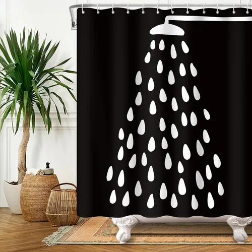 Miniatura 3 de Cortina de ducha en blanco y negro, divertido cabezal de ducha y gotas de agua, cortinas de ducha para baño, lavable a máquina, cortina de tela