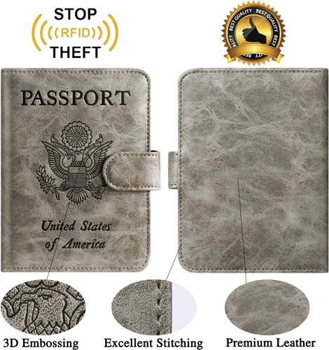 Miniatura 2 de Funda para pasaporte de piel con bloqueo RFID, accesorios de viaje para mujeres y hombres, gris), 43528-18280