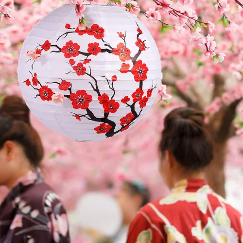 Miniatura 6 de Blulu Paquete de 6 faroles de papel chinos japoneses con flor de cerezo rojo para decoración de fiesta de boda y hogar, 11.8 x 11 pulgadas